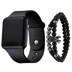 2pcs/set Square Silicone Digital Watch + Crown Bracelet Fancy Women Watches Jewelry Sophisticated And Stylish Women Watch (Color: Full Black)