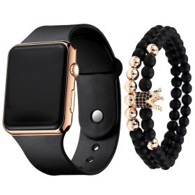 2pcs/set Square Silicone Digital Watch + Crown Bracelet Fancy Women Watches Jewelry Sophisticated And Stylish Women Watch (Color: Rose Golden Black)