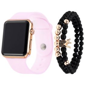 2pcs/set Square Silicone Digital Watch + Crown Bracelet Fancy Women Watches Jewelry Sophisticated And Stylish Women Watch (Color: Pink Gold)