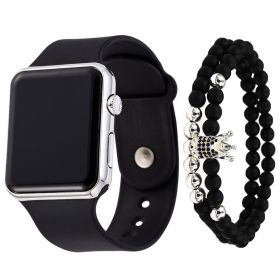 2pcs/set Square Silicone Digital Watch + Crown Bracelet Fancy Women Watches Jewelry Sophisticated And Stylish Women Watch (Color: Silver Black)