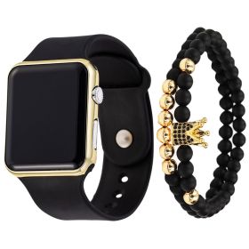 2pcs/set Square Silicone Digital Watch + Crown Bracelet Fancy Women Watches Jewelry Sophisticated And Stylish Women Watch (Color: Black Golden)